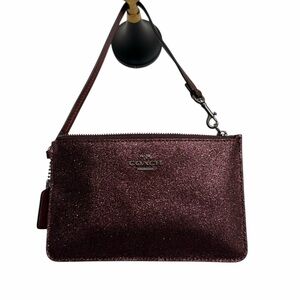 Coach Metallic Burgundy Glitter Wristlet Pouch with Strap and Hangtag